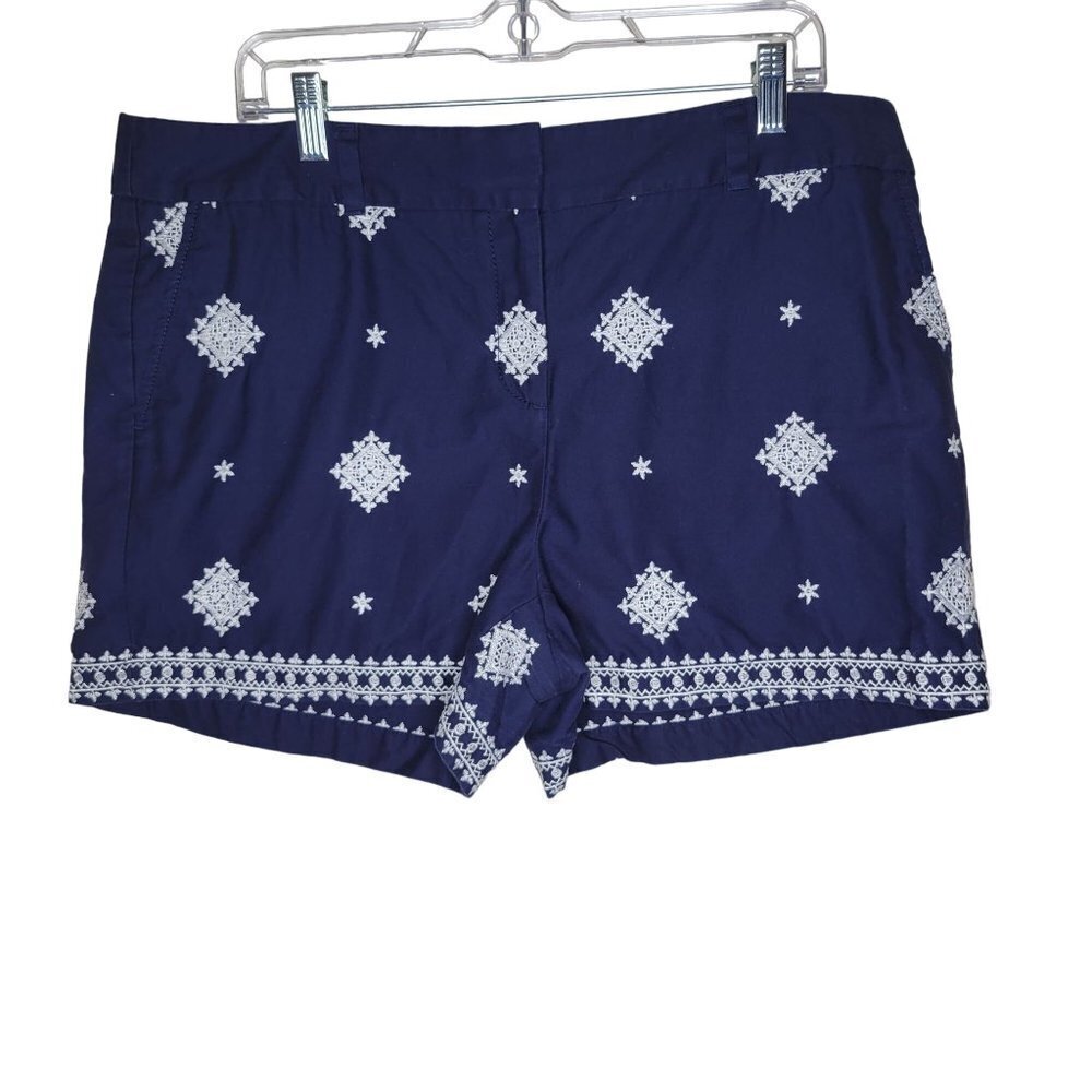 Loft Sz 14 Blue White Embroidered High Rise 4" Inseam 100% Cotton Women's Shorts